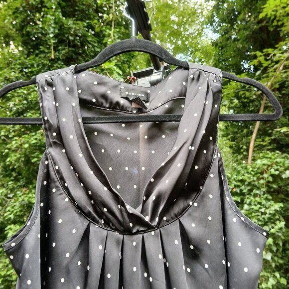 Spence Stylish White Polka Dots on Black Sleeveless Cowl Neck Tunic Top Sz L - Picture 2 of 7
